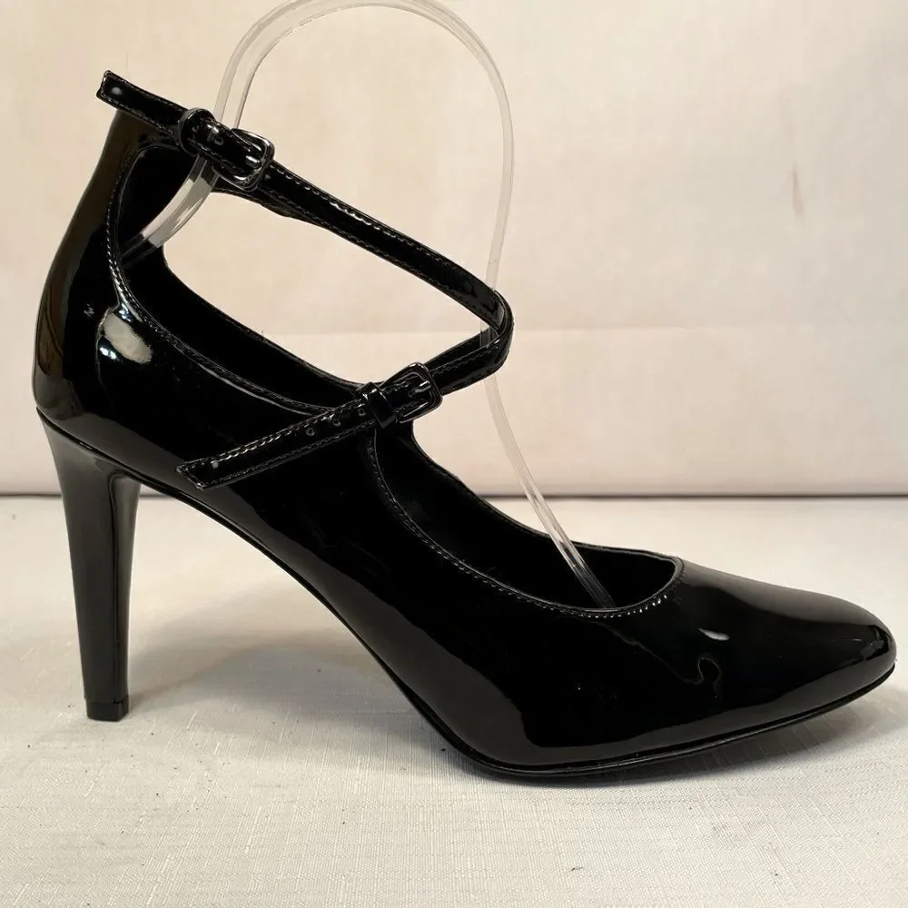Elegant Black Patent Leather Women's Ankle Strap Heels by Nine West size 8.5 EUC